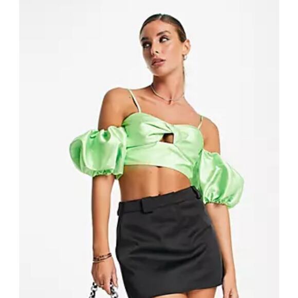 ASOS Design Cropped Puff Ball Sleeve Lime Green Top Size 8. NWOT - Picture 2 of 8
